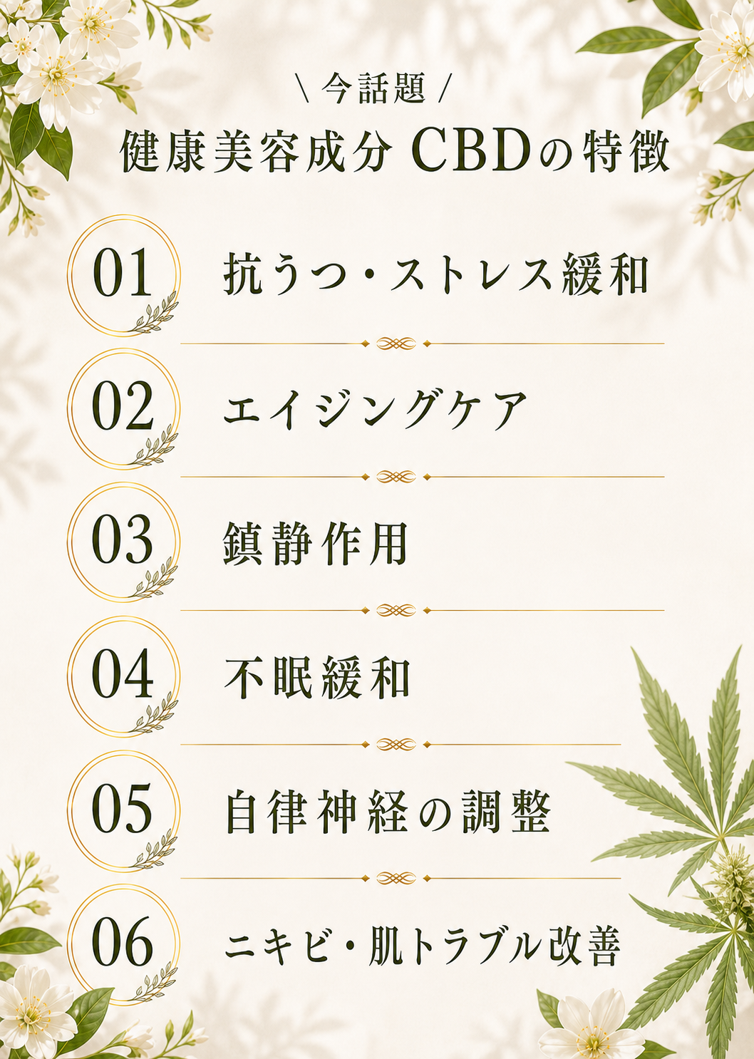 健康美容成分CBDの特徴。抗うつ・ストレス緩和、エイジングケア、鎮静作用、不眠緩和、自律神経の調整、ニキビ・肌トラブル改善